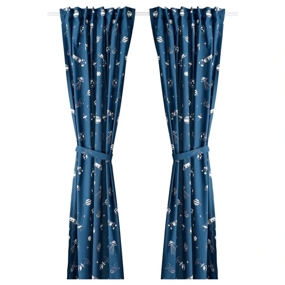 IKEA AFTONSPARV Curtains with tie-backs, 1 pair, space blue/white, 47x98 
